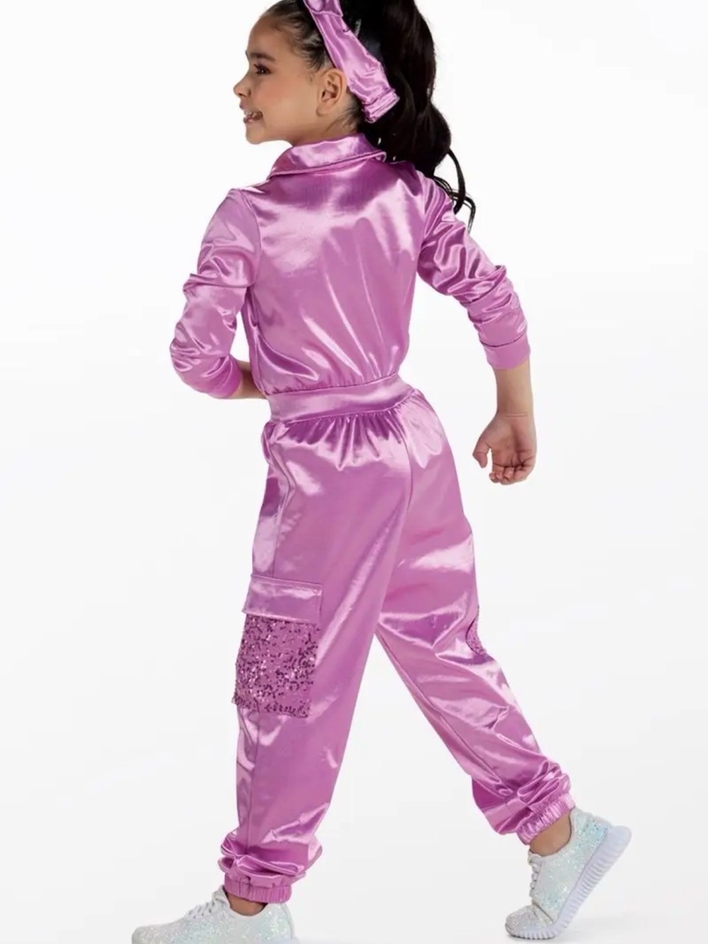 Weissman Ultraluminary Pink Sequin Satin Dance Jumpsuit & Headband Child IC